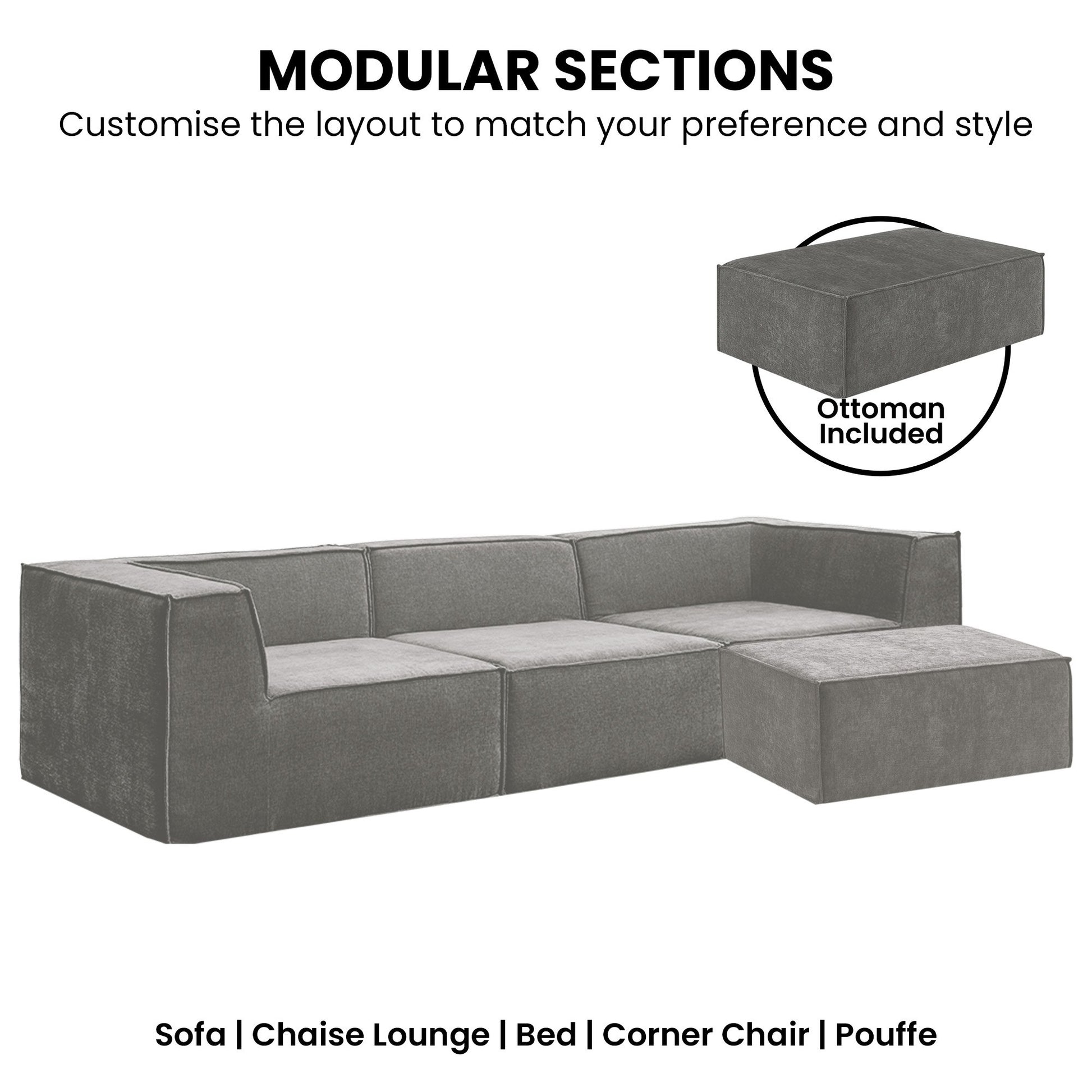 Dark grey modular sofa configurations infographic showing L-shape layout with ottoman badge and five use modes