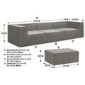 Grey modular sofa dimensions diagram showing 270x169x63cm whole sofa and ottoman 97x70x38cm, sections labeled A to D