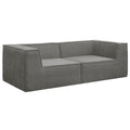 Dark grey modular sofa high-density foam infographic showing bare feet pressing into seat with comfort caption
