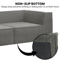 Dark grey modular sofa non-slip bottom infographic showing corner detail and close-up of rubber grippy base