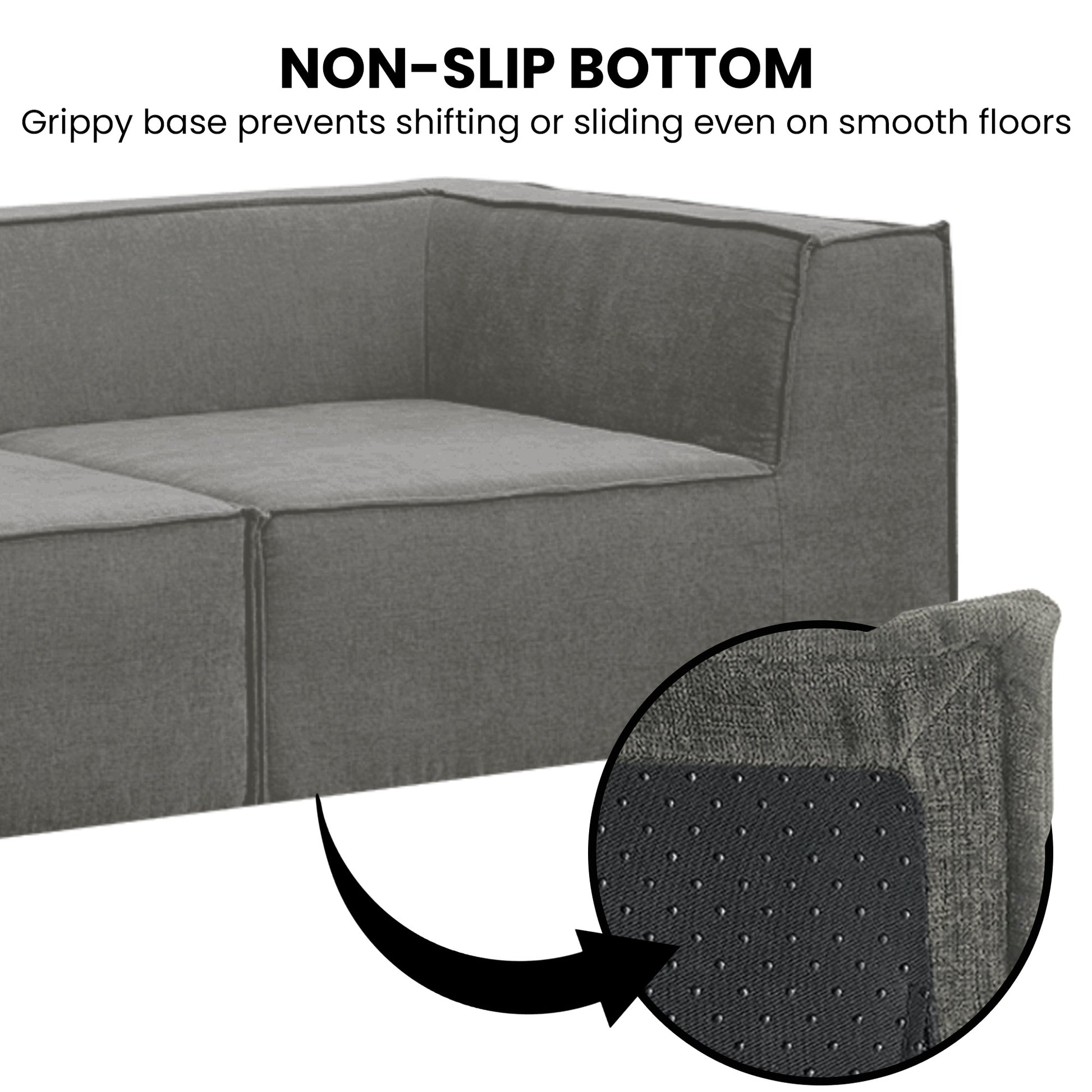 Dark grey modular sofa non-slip bottom infographic showing corner detail and close-up of rubber grippy base