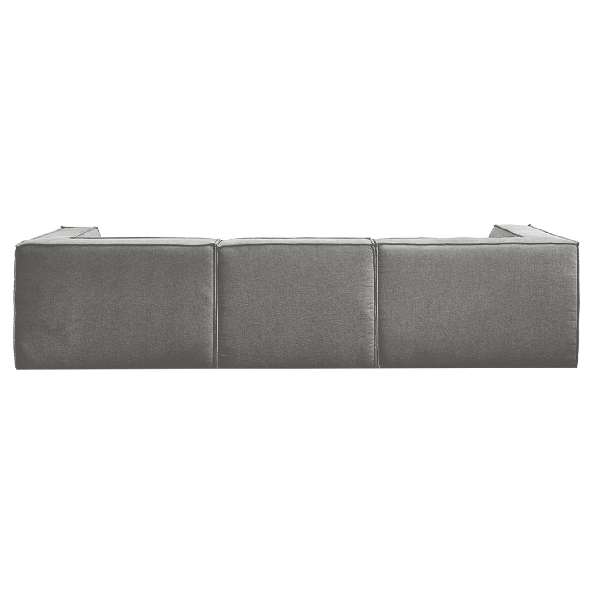 Dark grey modular sofa rear view showing three flat back panels on white background with no visible legs