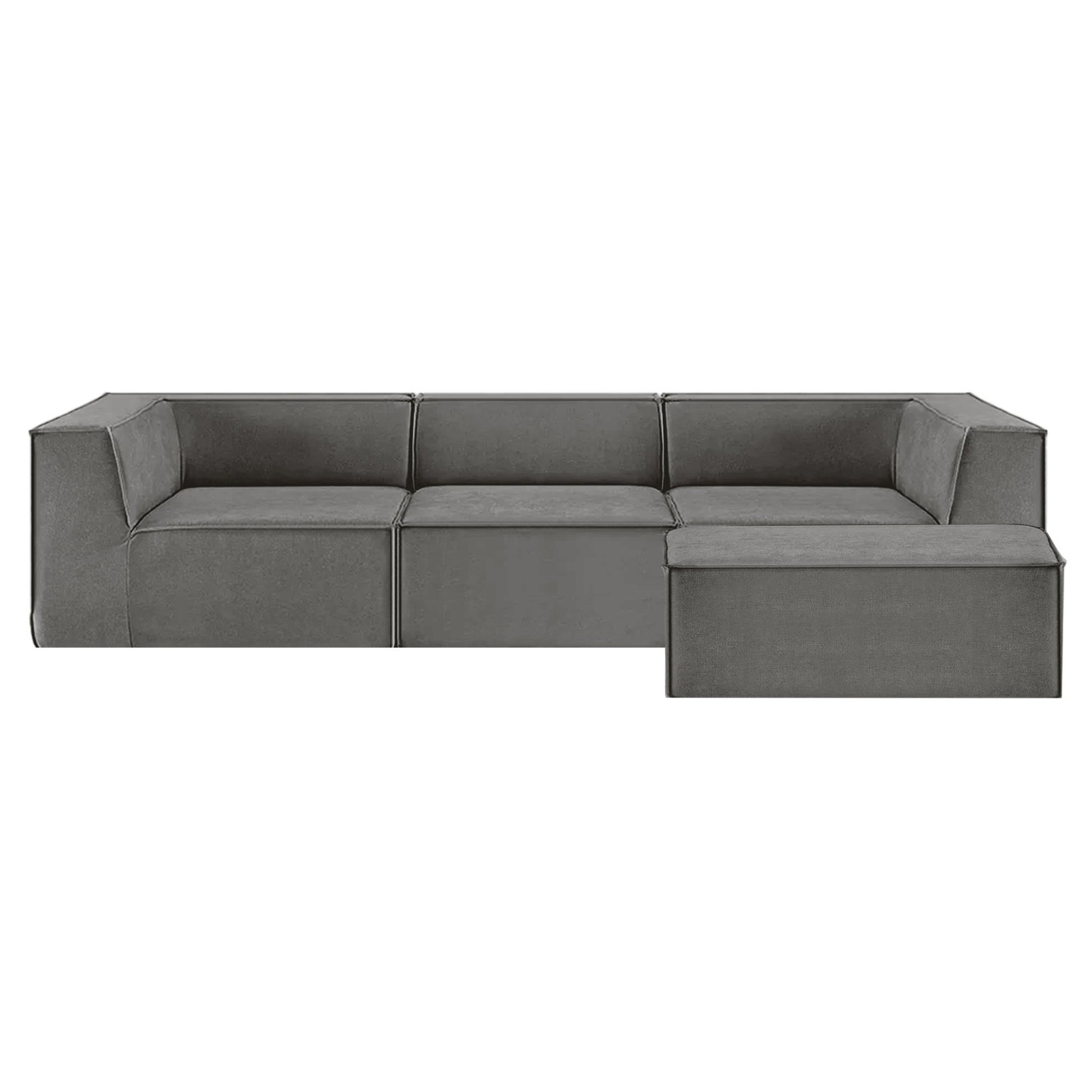 Dark grey modular L-shaped sofa with ottoman on white background, no visible legs, three interlocking sections