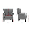 Dimensions diagram of grey nailhead wingback armchair: 76W 61H 75D cm, seat 46.5x50cm, seat height 45cm, legs 18cm