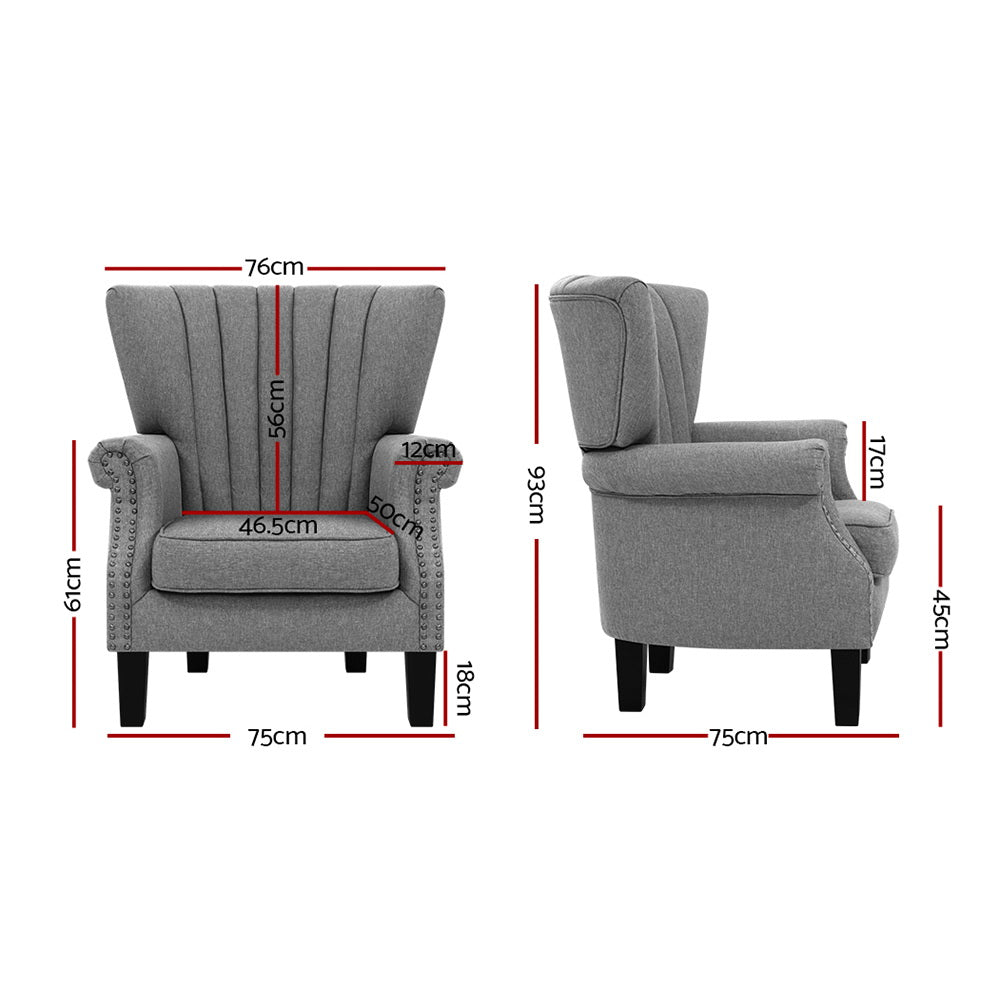 Dimensions diagram of grey nailhead wingback armchair: 76W 61H 75D cm, seat 46.5x50cm, seat height 45cm, legs 18cm