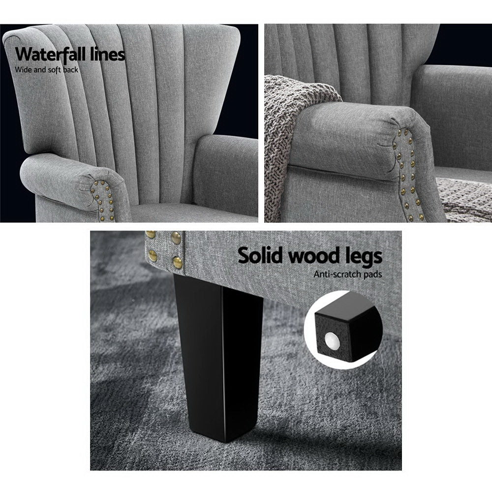Three-panel detail of grey nailhead wingback: waterfall-stitched back, rolled nailhead arm, black leg with anti-scratch pad