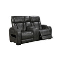 Dark grey leather 2-seater power recliner loveseat angle view with open storage console on white background