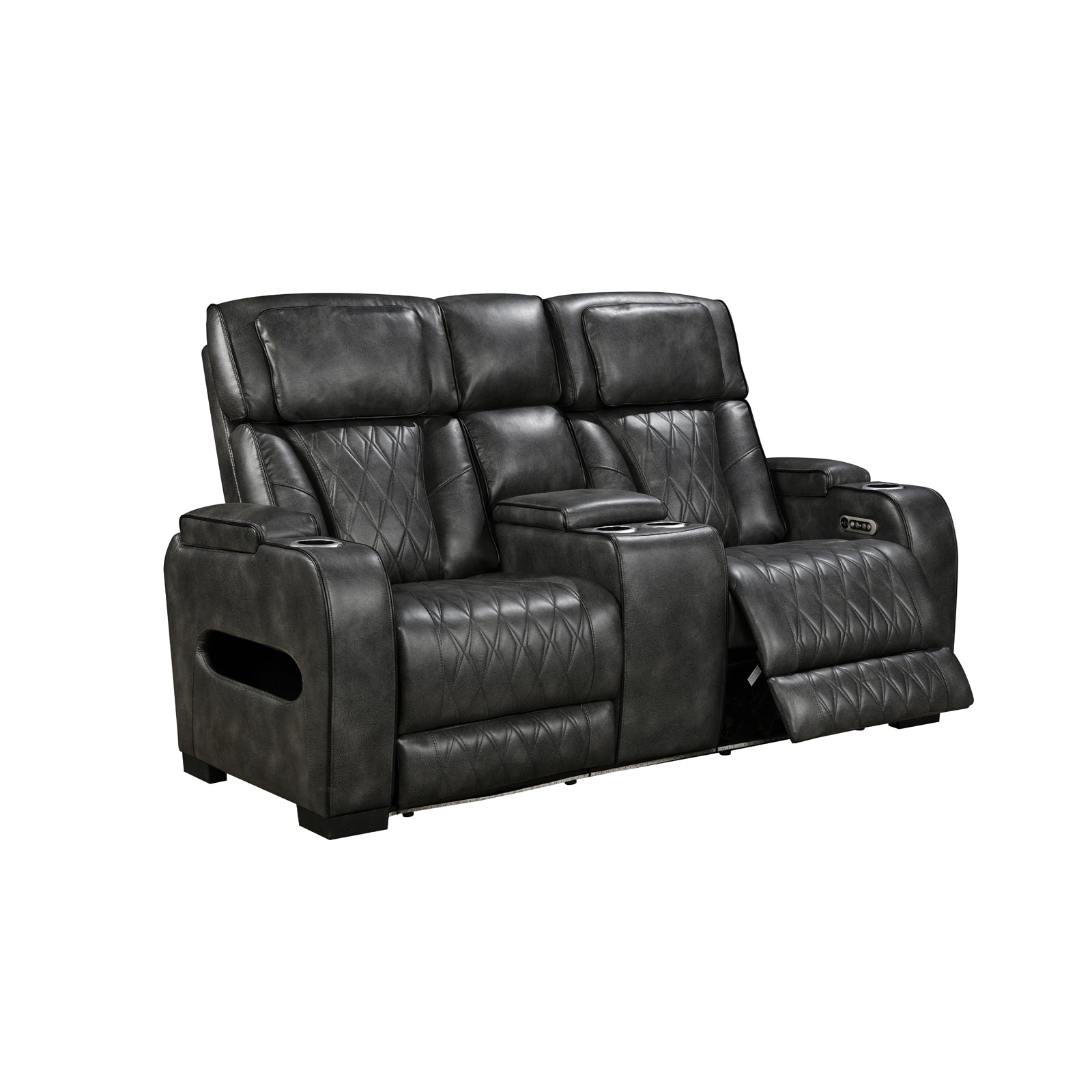 Dark grey leather 2-seater power recliner loveseat angle view with open storage console on white background