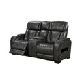 Dark grey leather 2-seater power recliner loveseat with diamond quilt and extended footrest on white