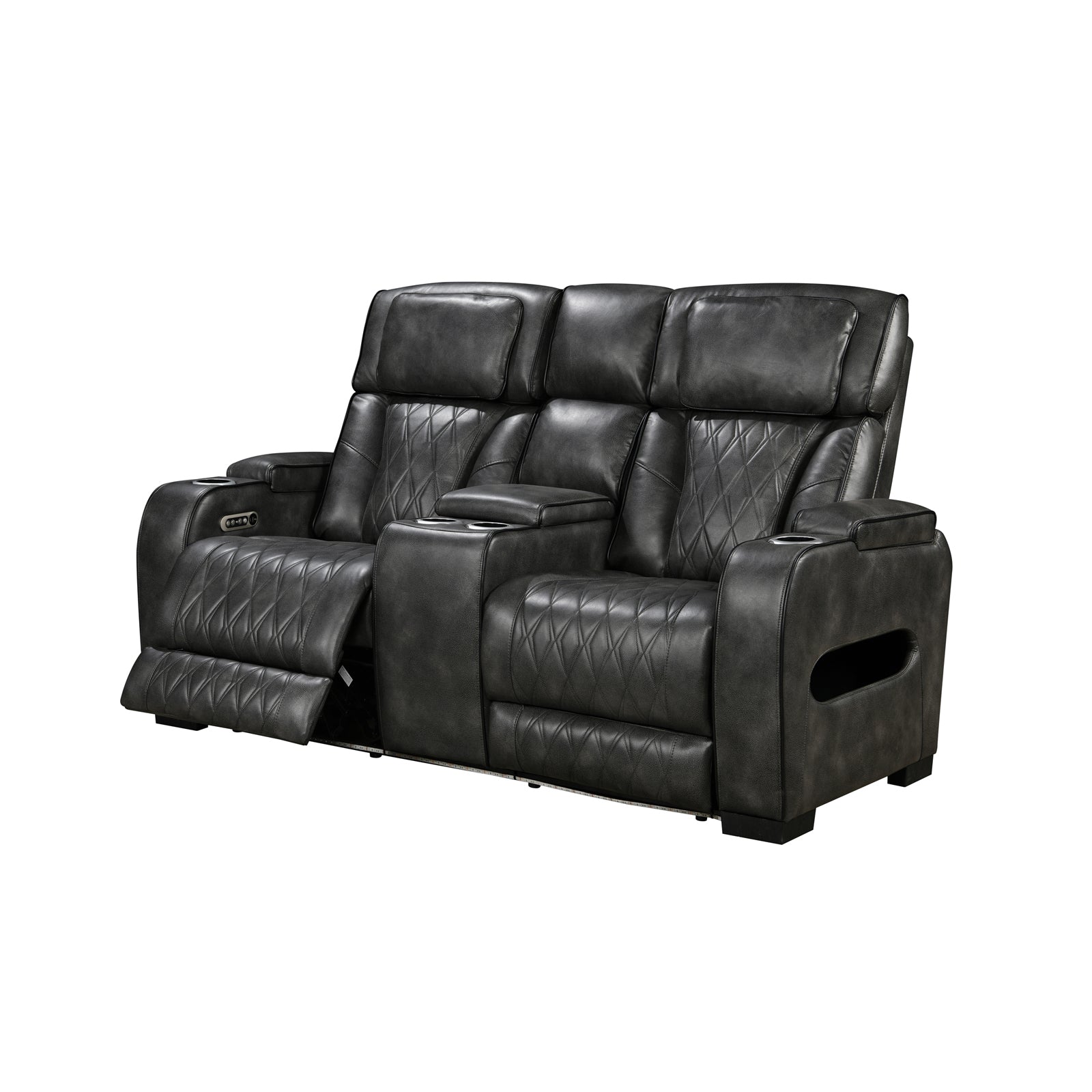 Dark grey leather 2-seater power recliner loveseat with diamond quilt and extended footrest on white
