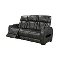 Dark grey leather 3-seater power recliner sofa with diamond quilt and extended footrest on white background
