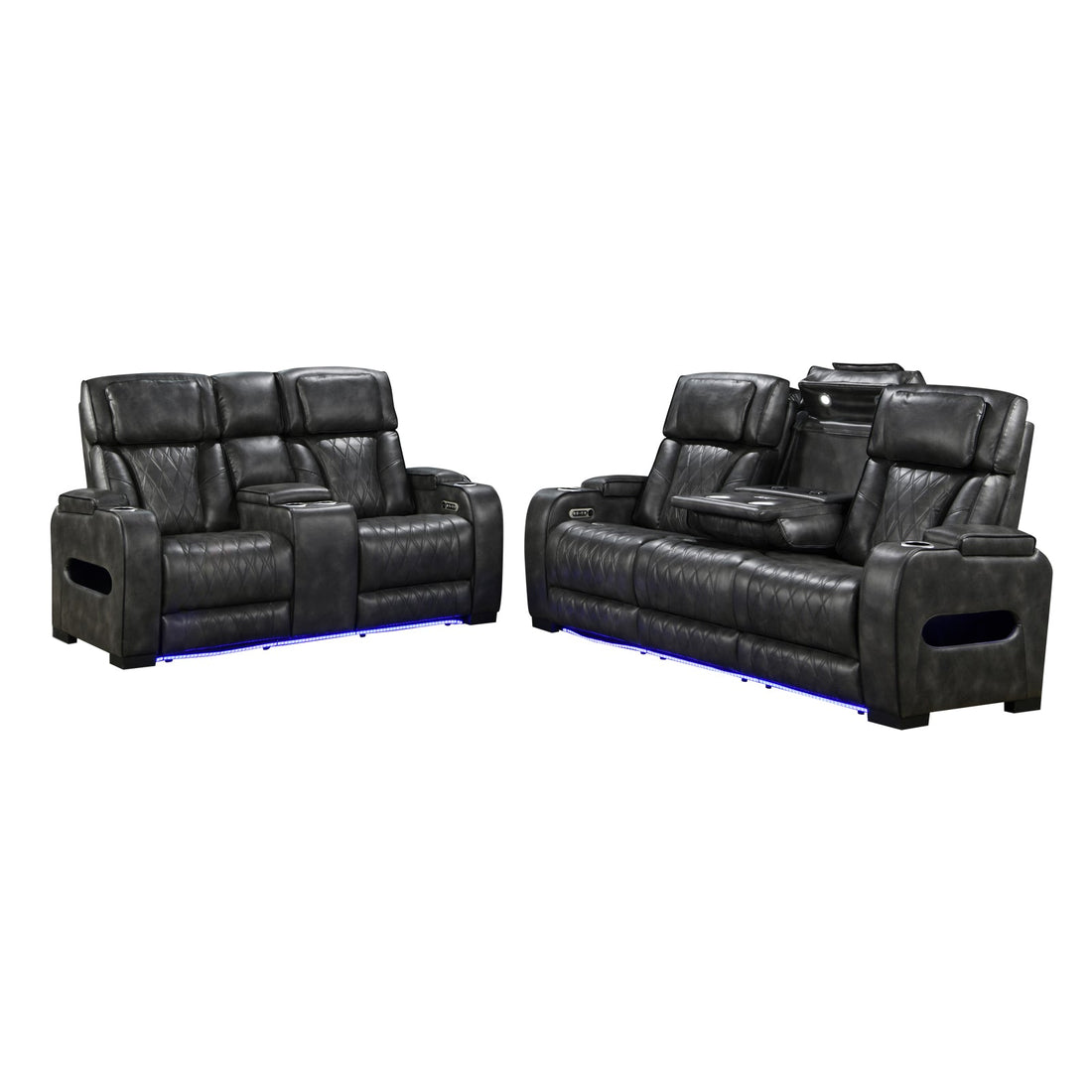 Dark charcoal leather power recliner sofa and loveseat set with blue LED lighting in bright living room