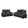Dark charcoal leather 2-piece power recliner set with blue LED lighting and cup holders on white background