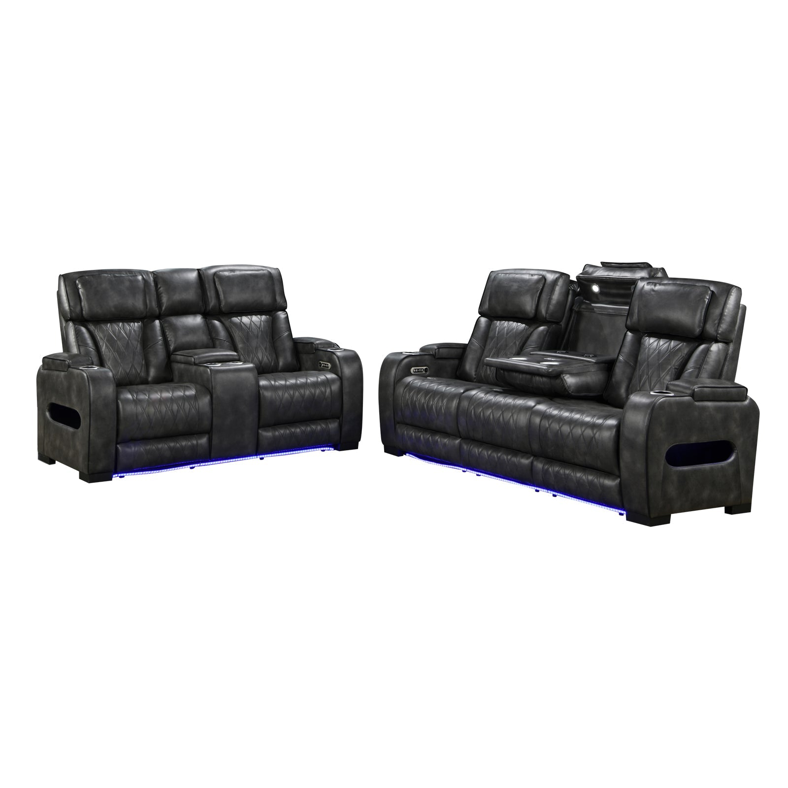 Dark charcoal leather 2-piece power recliner set with blue LED lighting and cup holders on white background