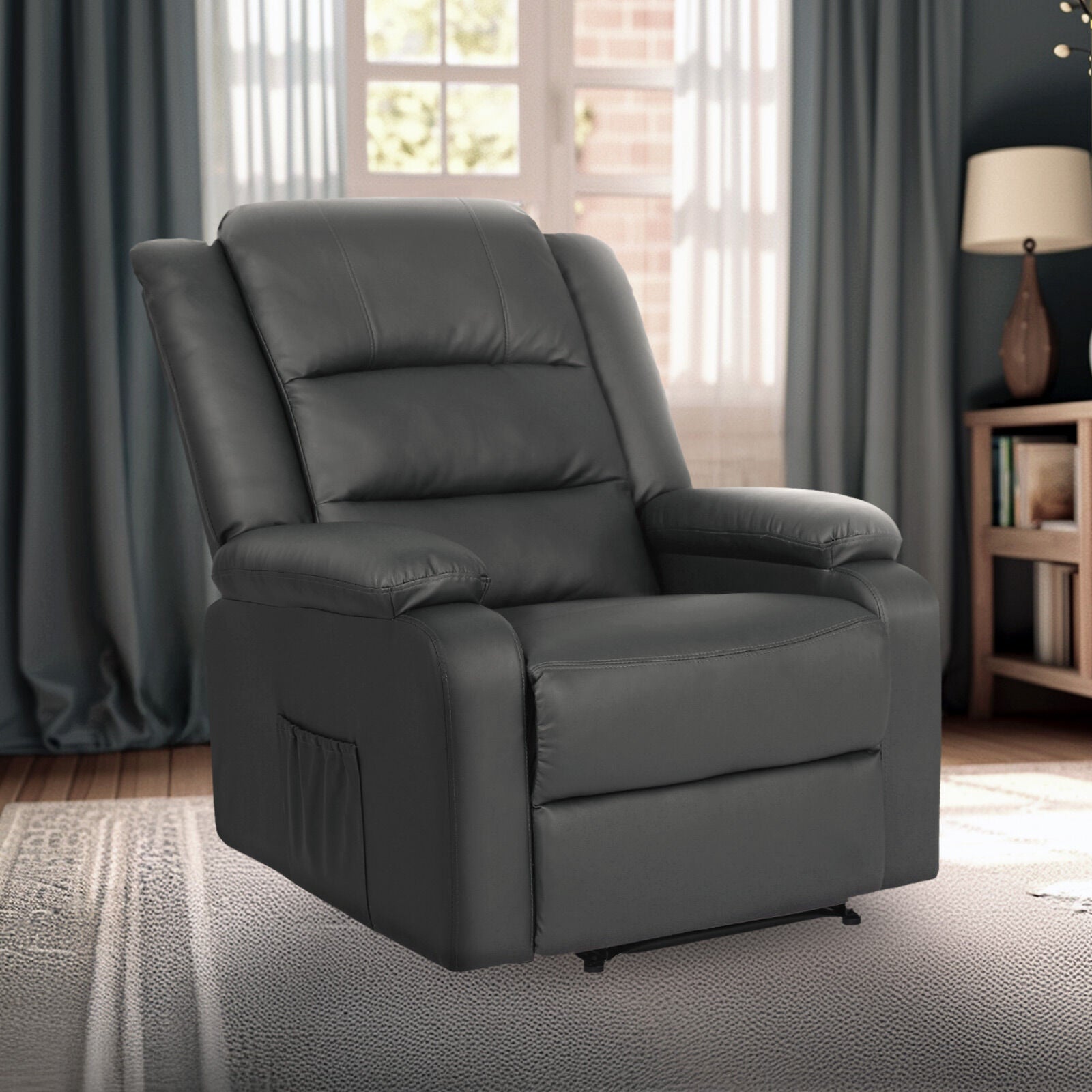 Grey PU leather recliner upright in dark teal living room with bookshelf, floor lamp and curtained window, angle view