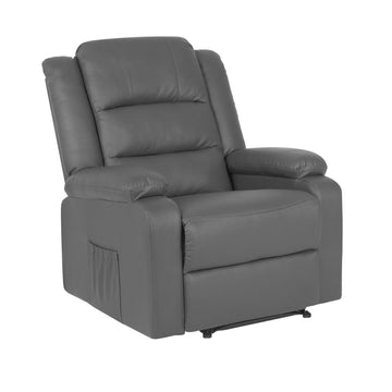 Grey PU leather recliner chair with padded backrest, padded armrests and side pocket, three-quarter angle on white background