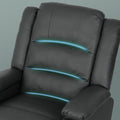 Close-up of grey PU leather recliner backrest with three teal glowing massage stripe indicators along horizontal seams