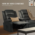 Two grey PU leather recliners side by side: one with footrest and tan cushion, one upright with throw, in living room