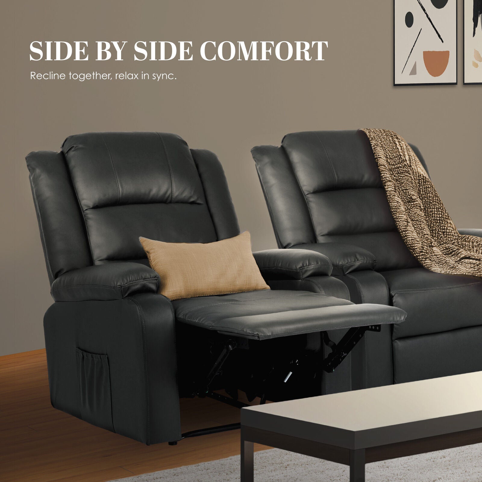 Two grey PU leather recliners side by side: one with footrest and tan cushion, one upright with throw, in living room