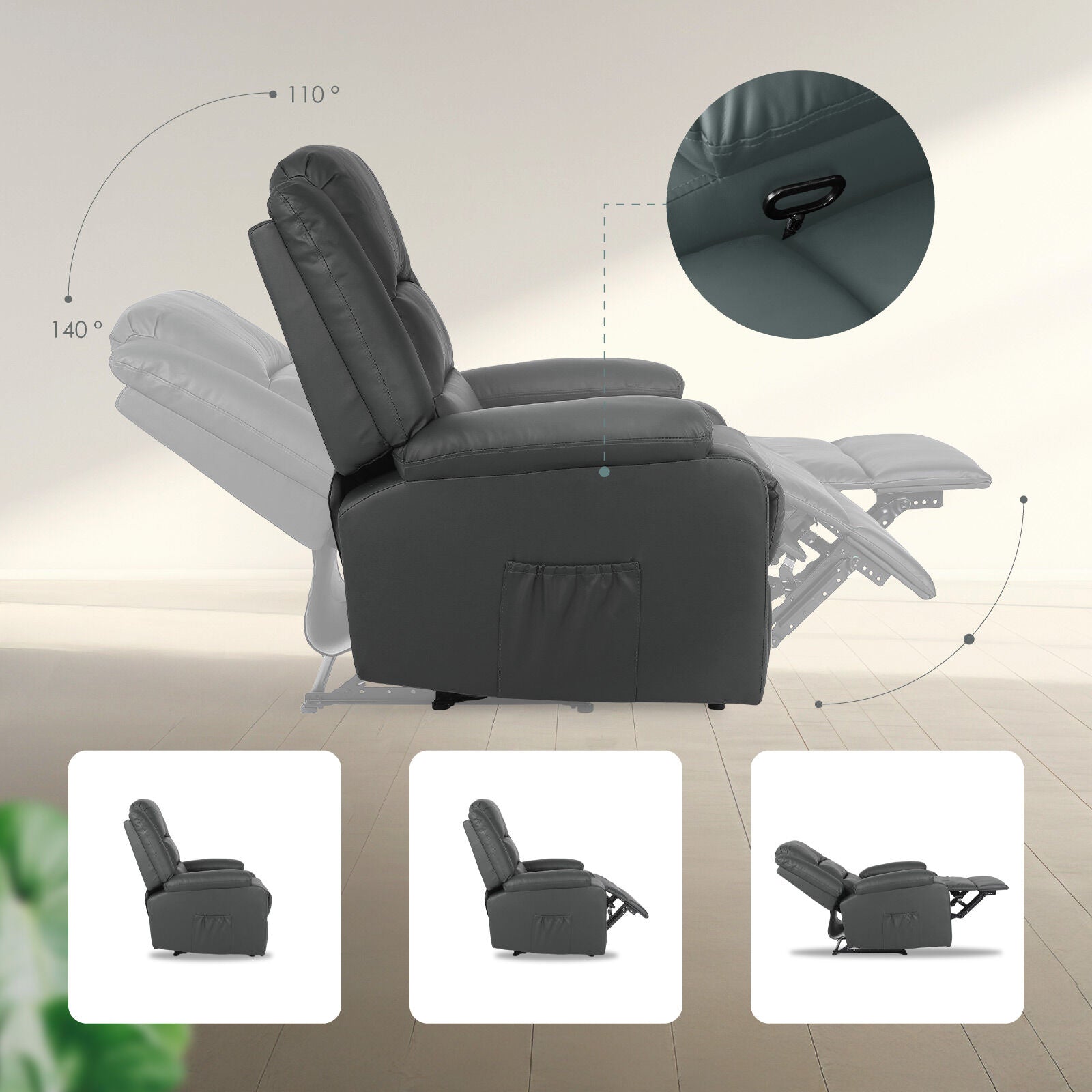 Grey PU leather recliner side view with 110° and 140° recline angles, handle detail inset, three position thumbnails below