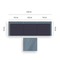 Top-down dimensions diagram: 3-seater rattan sofa 218cm wide (76+66+76cm), 76cm deep, with coffee table shown below