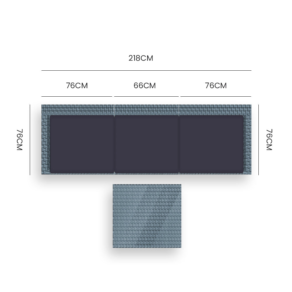 Top-down dimensions diagram: 3-seater rattan sofa 218cm wide (76+66+76cm), 76cm deep, with coffee table shown below
