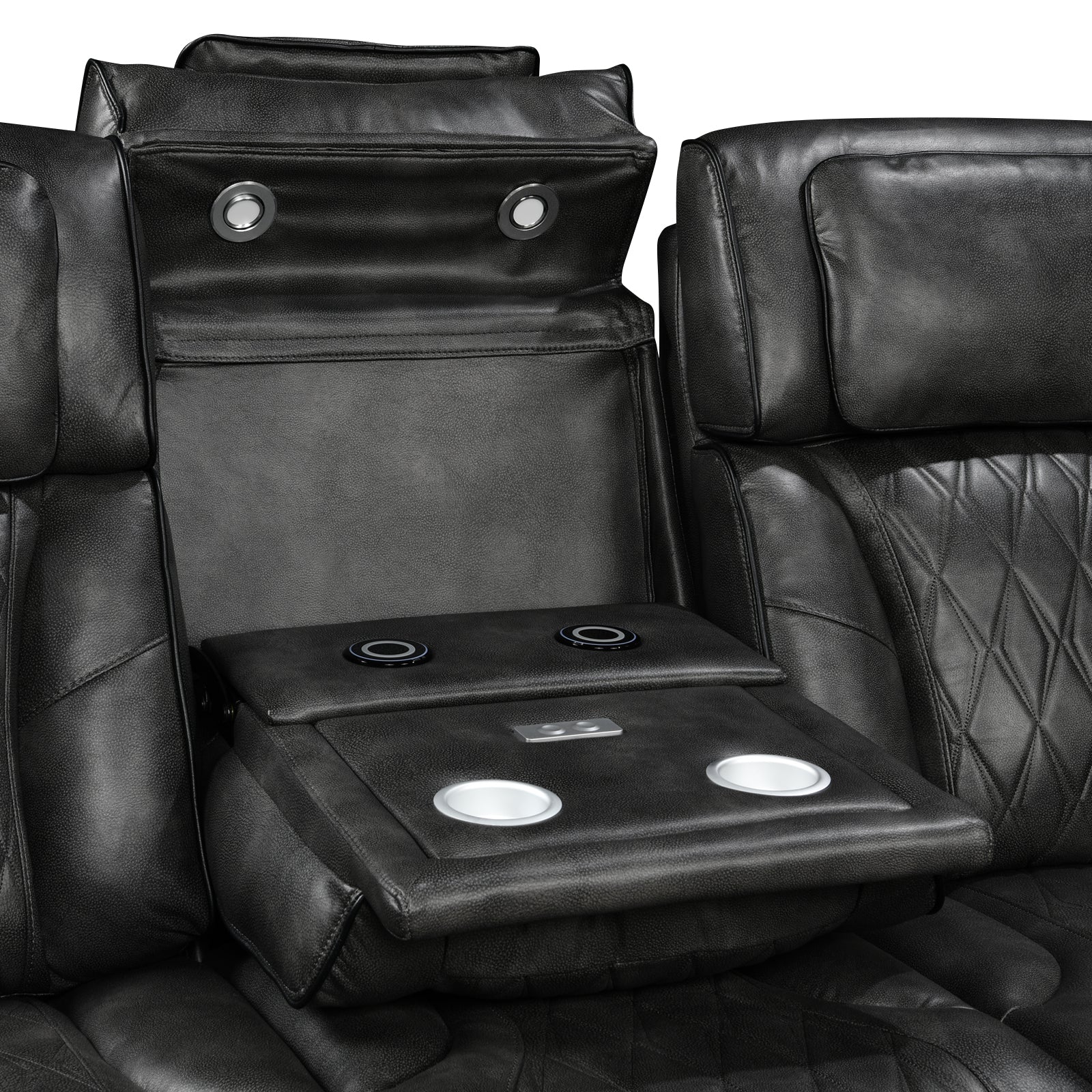 Close-up of dark grey leather recliner open fold-down console showing cup holders and control buttons