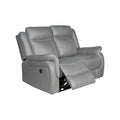 Grey electric recliner 2-seater sofa at angle with one footrest extended on white background