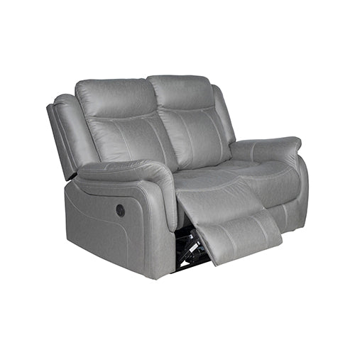 Grey electric recliner 2-seater sofa at angle with one footrest extended on white background