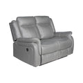 Grey electric recliner 2-seater sofa in upright position viewed from angle on white background