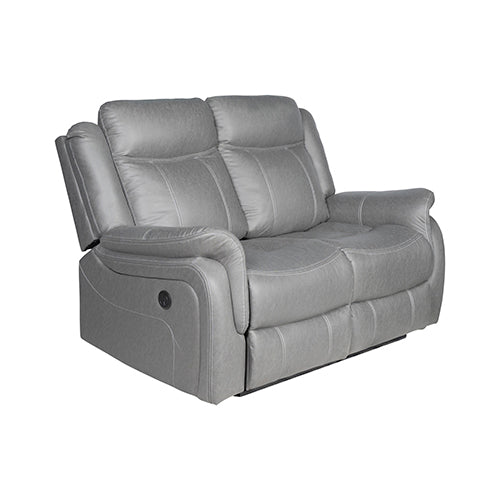 Grey electric recliner 2-seater sofa in upright position viewed from angle on white background