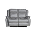 Front view of grey electric recliner 2-seater sofa in upright position on white background