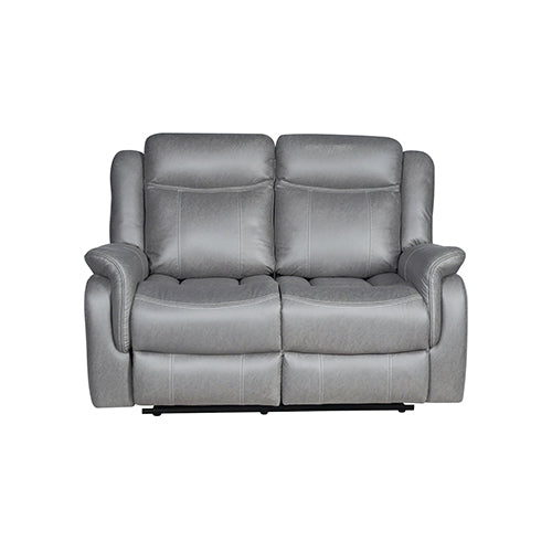 Front view of grey electric recliner 2-seater sofa in upright position on white background