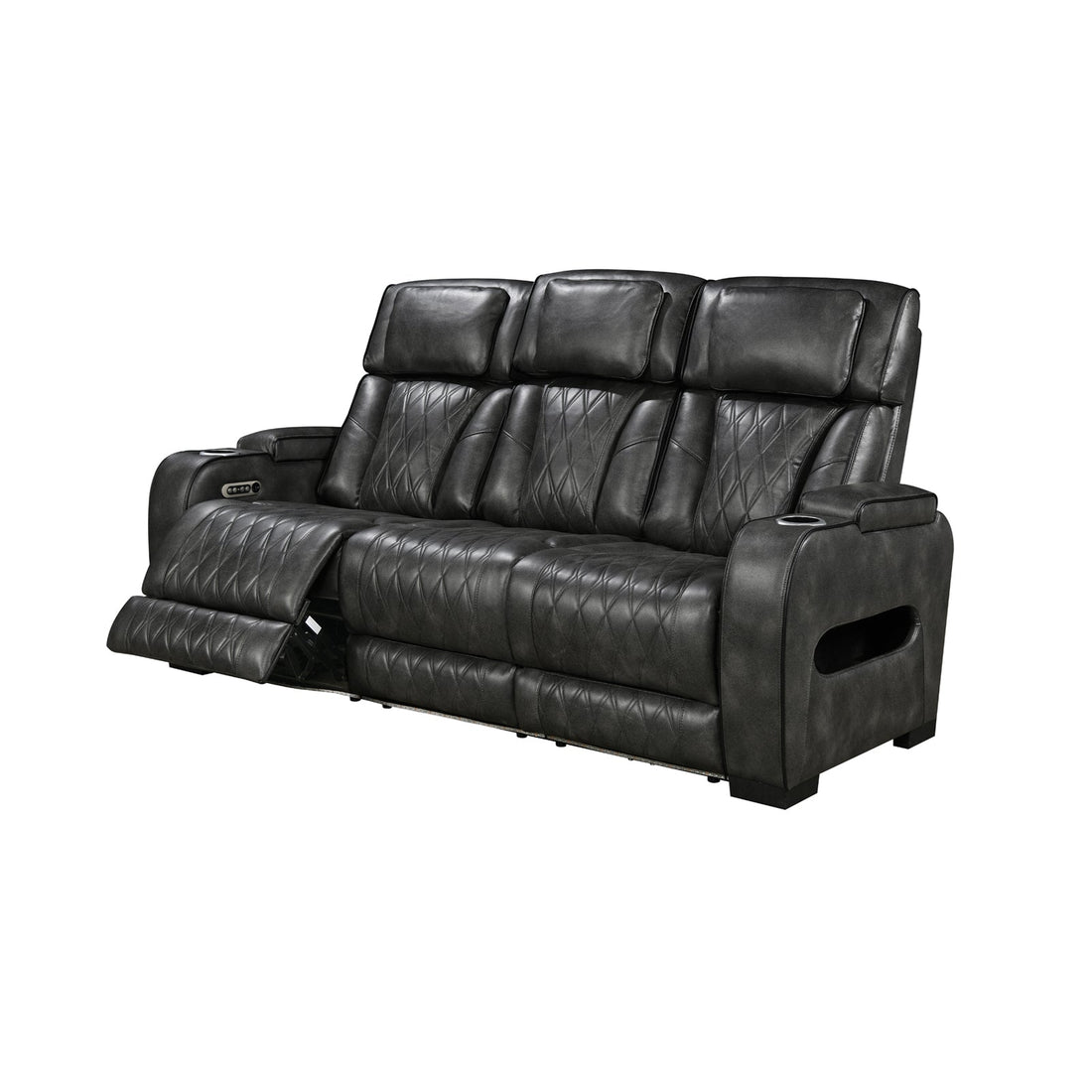 Dark grey leather 3-seater power recliner sofa with diamond quilt and extended footrest on white background