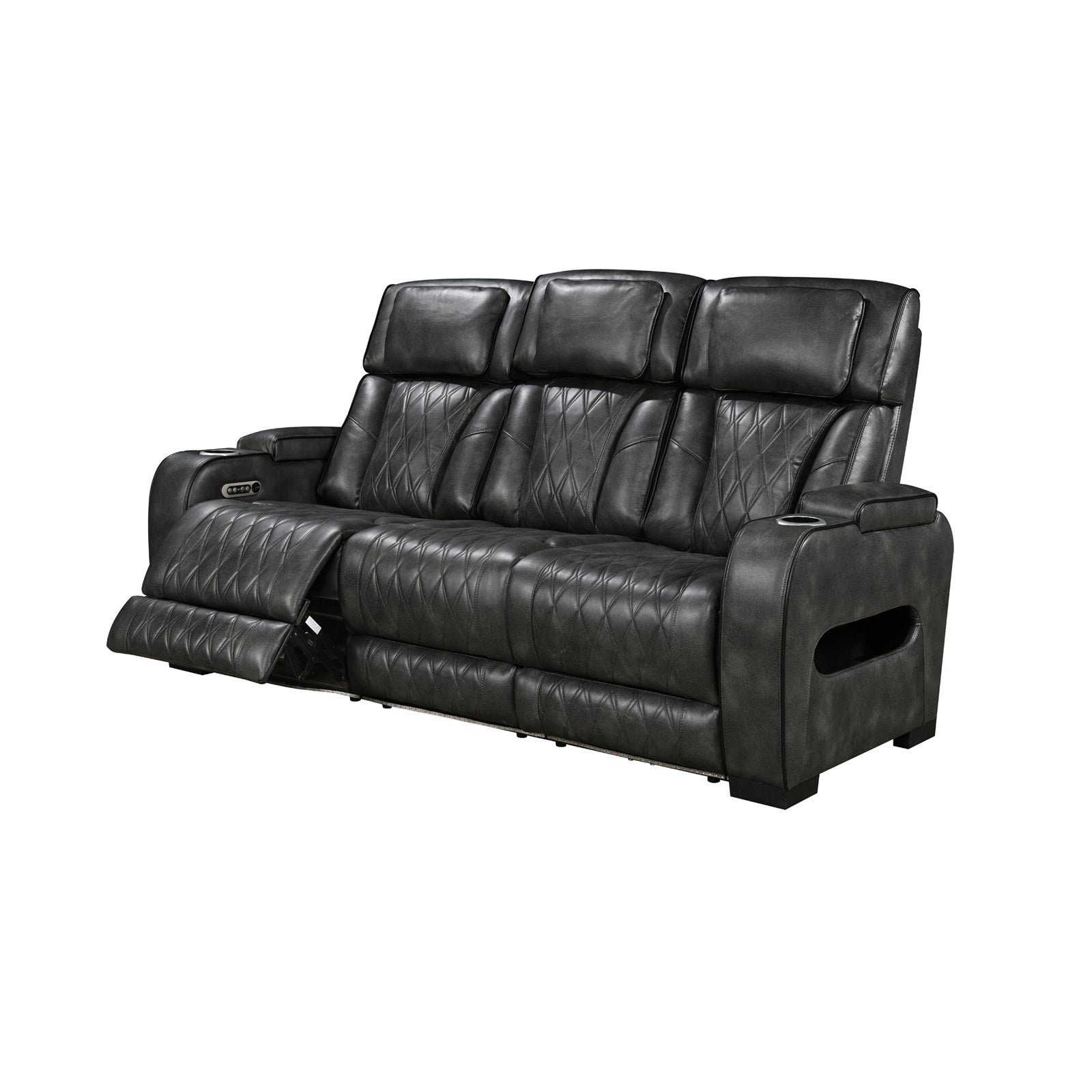 Dark grey leather 3-seater power recliner sofa with diamond quilt and extended footrest on white background