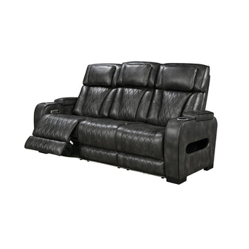 Dark grey leather 3-seater power recliner sofa with diamond quilt and extended footrest on white background