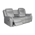 Grey 2-seater recliner sofa at angle with centre console open and footrest extended, white background