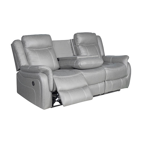 Grey 2-seater recliner sofa at angle with centre console open and footrest extended, white background
