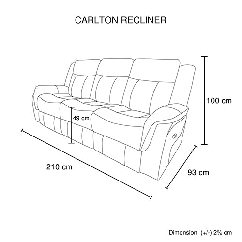 Carlton Recliner 3-seater sofa dimensions diagram: 210cm wide, 93cm deep, 100cm tall, 49cm centre console