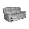 Grey 3-seater recliner sofa at angle with one end reclined, showing recliner mechanism and footrest, white background
