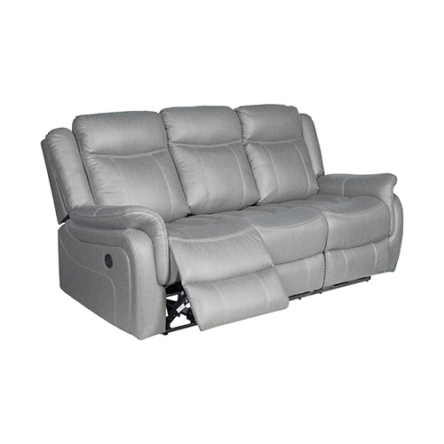 Grey 3-seater recliner sofa at angle with one end reclined, showing recliner mechanism and footrest, white background