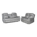 Grey recliner sofa set front view: 3-seater with open centre console and 2-seater, white background