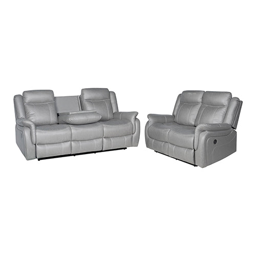 Grey recliner sofa set front view: 3-seater with open centre console and 2-seater, white background
