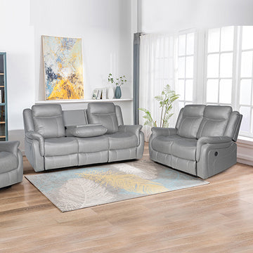 Grey recliner sofa set with 3-seater and 2-seater in living room; centre console on 3-seater, recliner side controls visible
