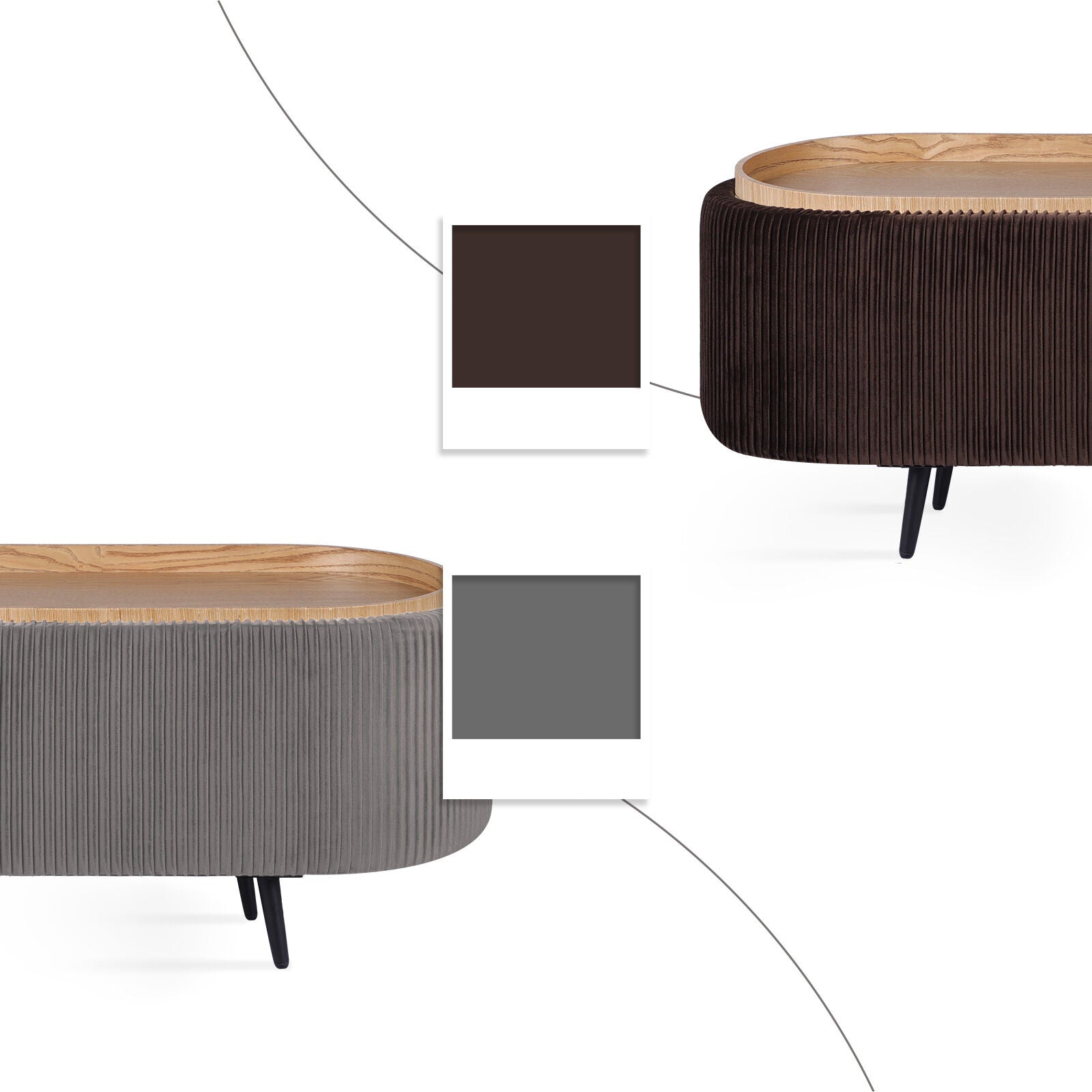 Storage ottoman shown in two colour variants: grey ribbed fabric and dark brown ribbed fabric, both with natural wood lids