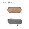 Dimension diagram for oval storage ottoman: wood lid 95x42cm, ottoman height 37.5cm with black legs