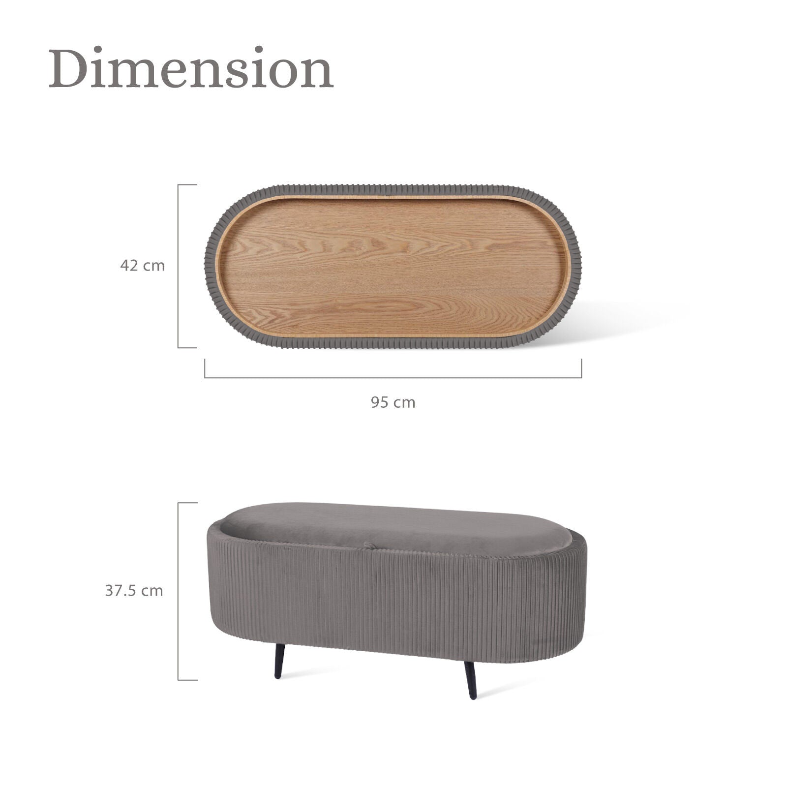 Dimension diagram for oval storage ottoman: wood lid 95x42cm, ottoman height 37.5cm with black legs