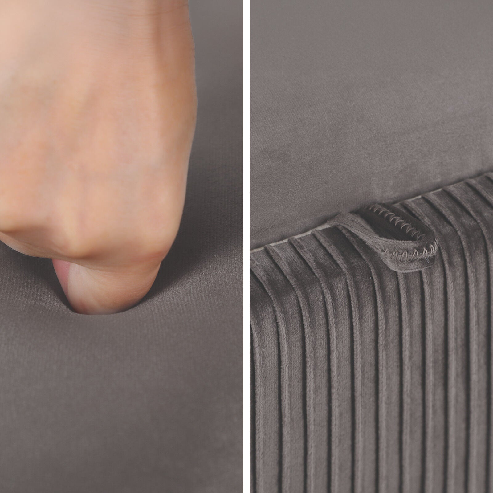 Two-panel close-up of grey velvet ottoman fabric: hand pressing into smooth top on left, ribbed pleated side texture on right