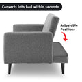 Grey fabric sofa bed side view with Converts into bed within seconds and Adjustable Positions text