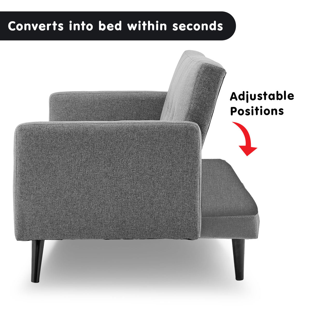 Grey fabric sofa bed side view with Converts into bed within seconds and Adjustable Positions text